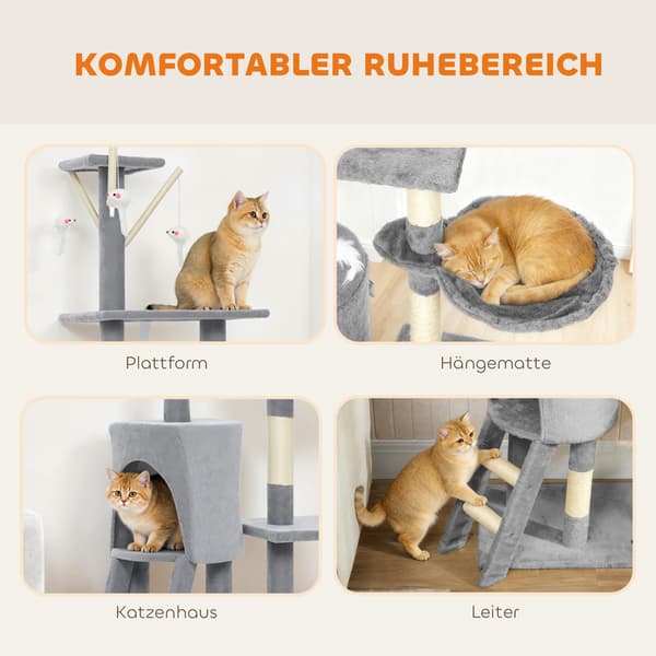Kradsetræ med hule, sisalstolper, legetøj, til katte <5 kg, grå