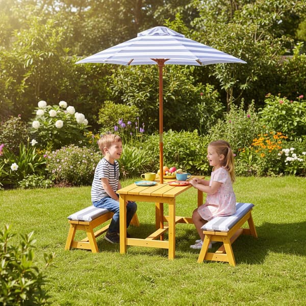 Børne picnicbordsæt med parasol og hynder