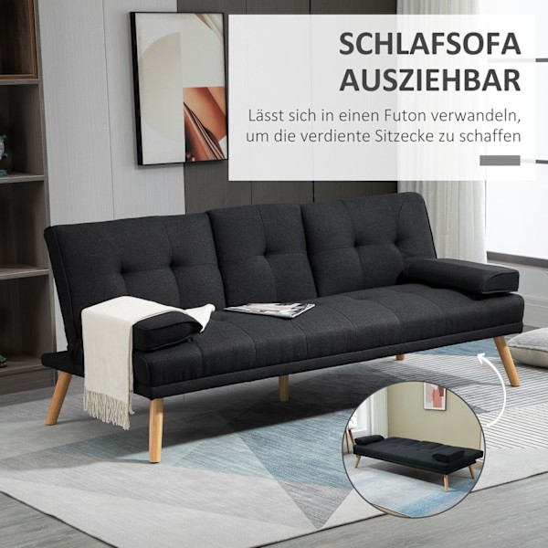 Sovesofa, 3-personers sovesofa med klapbord, kopholder, sengesofa med hørlook, i Scandi design, bæreevne op til 250 kg, til stue, grå