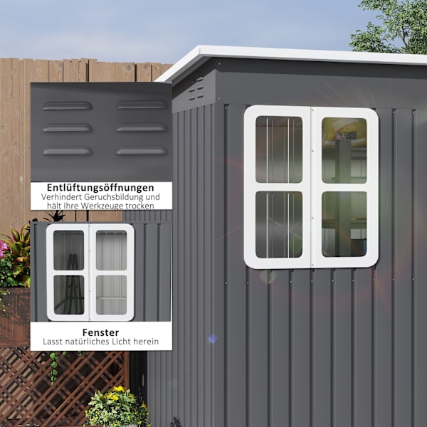 Redskabsskur 4,13 m³, haveskur, 260 x 177 x 190 cm, redskabsskur med vindue, låsbar dør, cykelgarage, haveskab af stål, til baghave, have, mørkegrå |