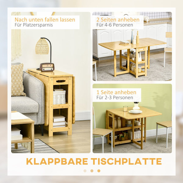 Spisebord Foldebord Spisestuebord Køkkenbord Med Opbevaringsrum Og Justerbare Fødder Landlig Stil Bambus Naturtræ 149,5 X 80 X 73,5 Cm