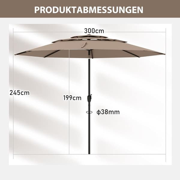 3-lags terrasseparasol, 300 cm, vindafvisende, brun