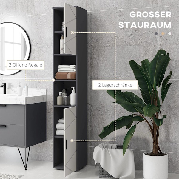 Smalt badeværelsesskab, højt toiletskab med justerbar hylde og 2 åbne rum, badeværelsesskab til små rum badeværelse, stue 30 x 30 x 183 cm grå |