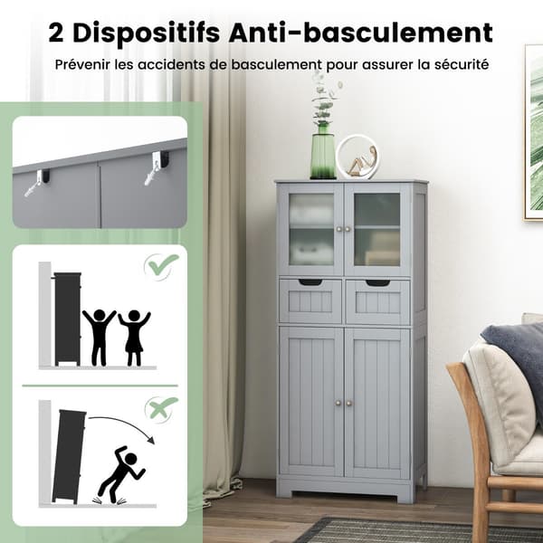 Högt badrumsskåp, 4 dörrar, 2 lådor, grå