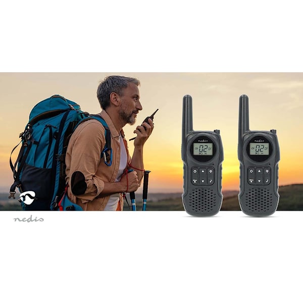 Walkie-talkie sæt | 2 håndsæt | Op til 10 km | Frekvenskanaler: 8 | PTT / VOX | op til 3 timer | Hovedtelefonudgang | Sort