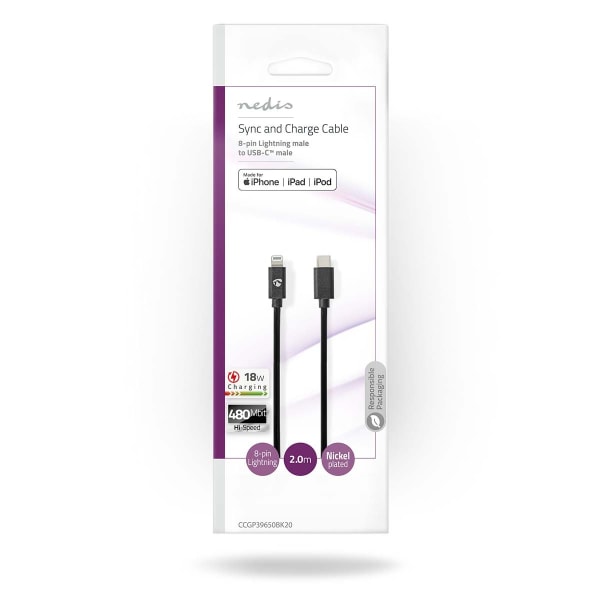 Lightning Kabel | USB 2.0 | Apple Lightning 8-pin | USB-C™ Han | 480 Mbps | Nikkelplateret | 2.00 m | Runde | PVC | Sort | Konvolut