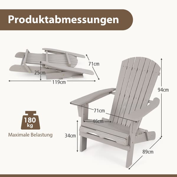 Sammenklappelig Adirondack-stol, gråt træ, høj ryglæn
