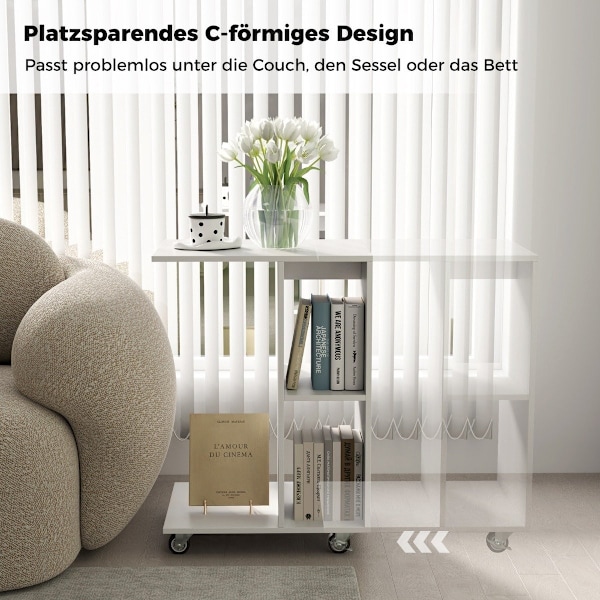C-formet sidebord, smalt sidebord med hylder, mobilt sengebord til stue, hvid