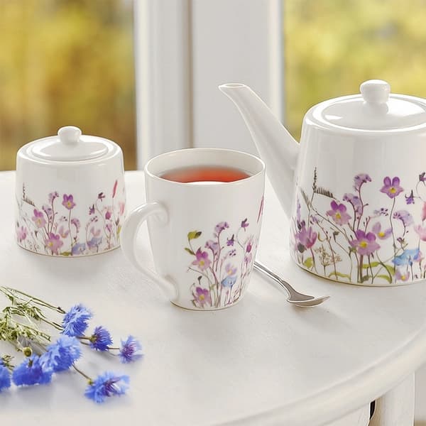 Porslinssockerskål med lock, vildblommig design, 320 ml