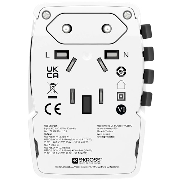 Verdens rejseoplader AC65PD World USB-A+USB-C PD 65W Jordet
