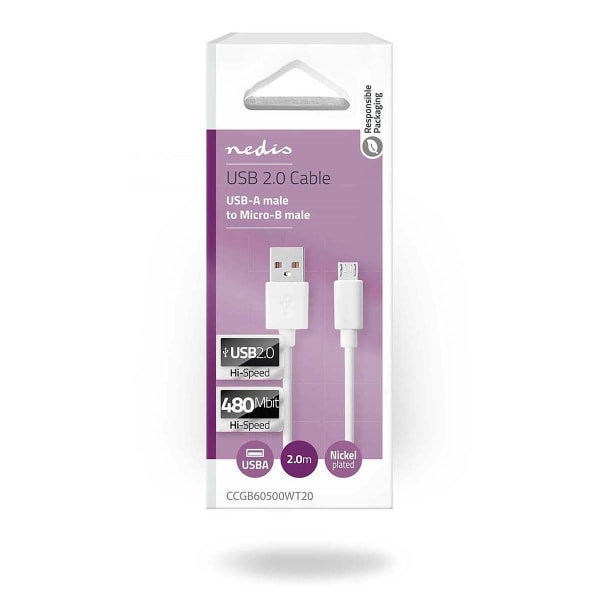 USB-kabel | USB 2.0 | USB-A Han | USB Micro-B han | 480 Mbps | Nikkelplateret | 2.00 m | Runde | PVC | Hvid | Box