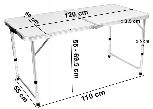 Hopfällbart campingbord, justerbar höjd, 120x60 cm, vit