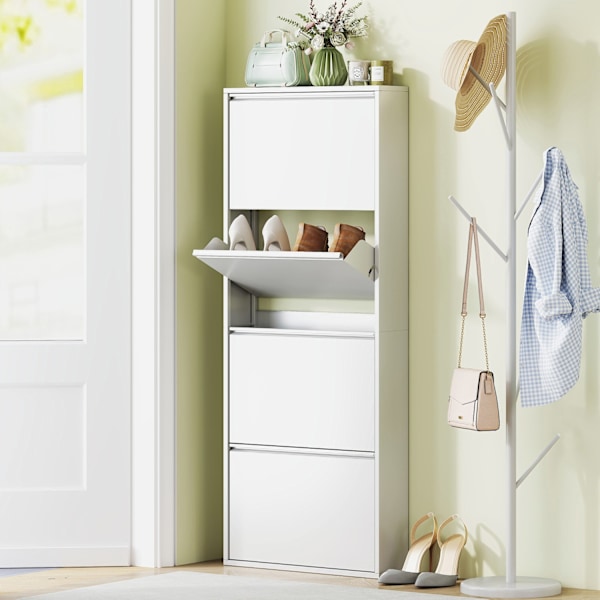 Skoskåp Metall med 4 klaffar Sko Tipper Slim för 8 par skor Skoställ Skoställ Skoställ Väggmonterad för Entré Hall 55 x 15 x 139,5 cm Vit |