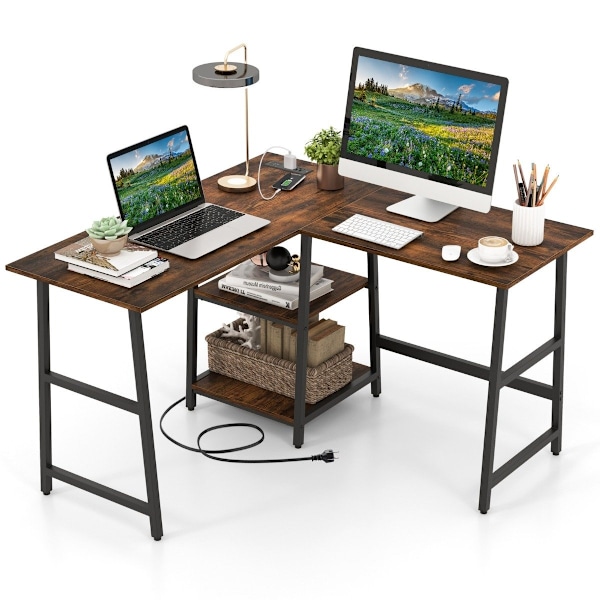Skrivbord L-Shape hörnskrivbord med uttag &amp; USB-portar 120 x 120 x 75 cm rustik brun