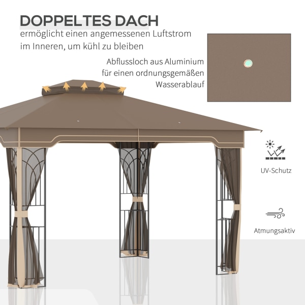 Garden Pavillon 3,65X3M Telt Med Dobbelttag & Myggenet, Metal, Brun+Beige