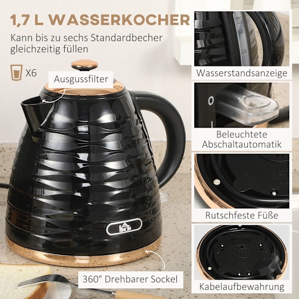 Vattenkokare Brödrost Set Frukost Set med 1,7 L vattenkokare, 4 skivor Brödrost, 2200 W, 7 Browning Levels, Upptining, Återuppvärmning och smulbricka,