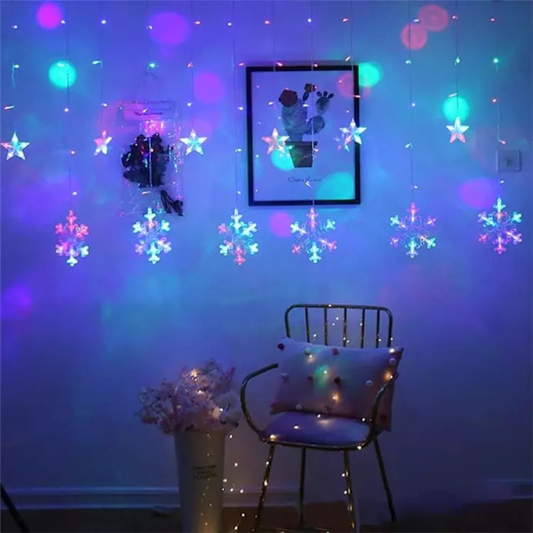 Valot lumihiutaleet tähdet Jouluvalot verho 138LED
