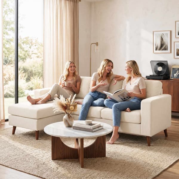 L-formad soffa med vändbar schäslong, manchestertyg, krämvit