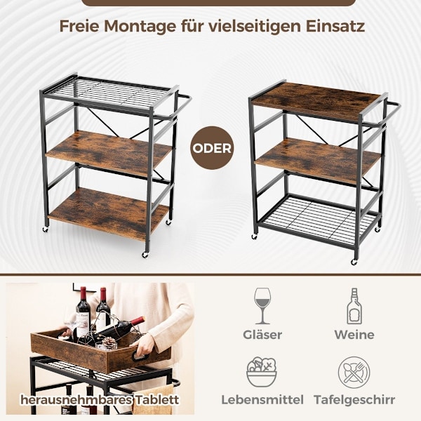 3 etagers serveringsvogn køkkenvogn med aftagelig bakke & håndtag 73 x 40 x 94 cm brun + sort