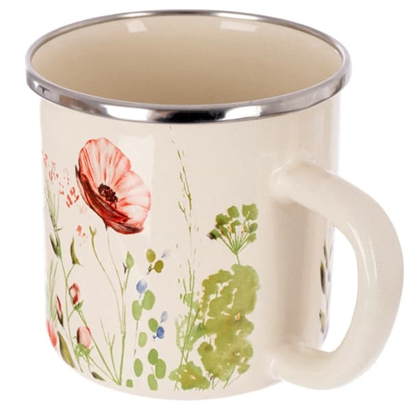 Emaljmugg, krämfärgad vildblommig design, 400 ml