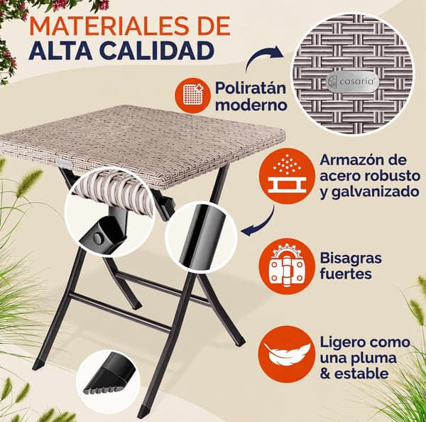 Cremefarvet klapbord i polyrattan 75x65x65cm – udendørs brug
