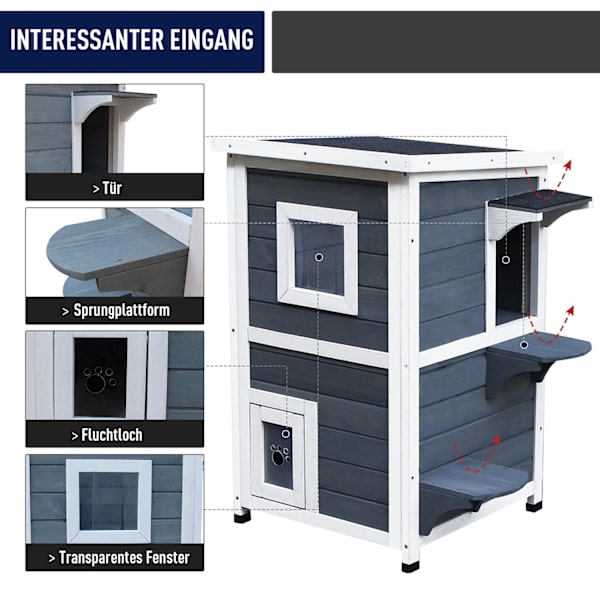 Cat House Grå Kattevilla I 2 Plan Med Trapper, Asfalttag Og Vinduer, Grantræ, 51X51X81,3 Cm