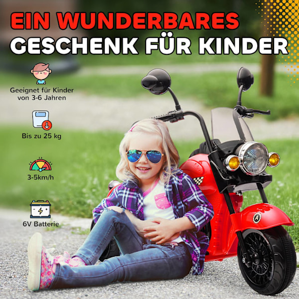 Elmotorcykel för barn, 6V barnmotorcykel med musik, barnfordon med LED-strålkastare, 3-5 km/h, för 3-6 år barn, max 25 kg, röd