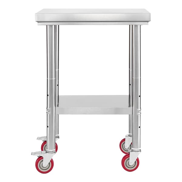 Arbejdsbord i rustfrit stål 24 x 18 tommer, hjul, justerbar hylde