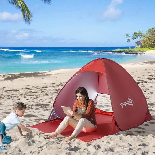 Beach Shelter Snabbmontering Strandtält Pop Up-Tält, Automatiskt, Polyester, Röd, 200X150X119Cm