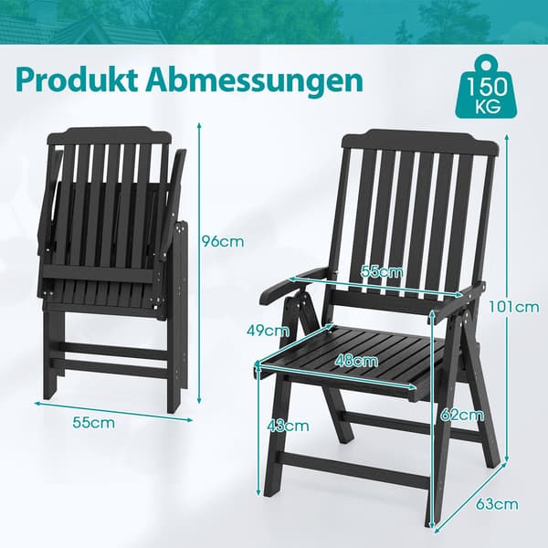 Klapbar udendørsstol, sort HDPE, 150 kg kapacitet