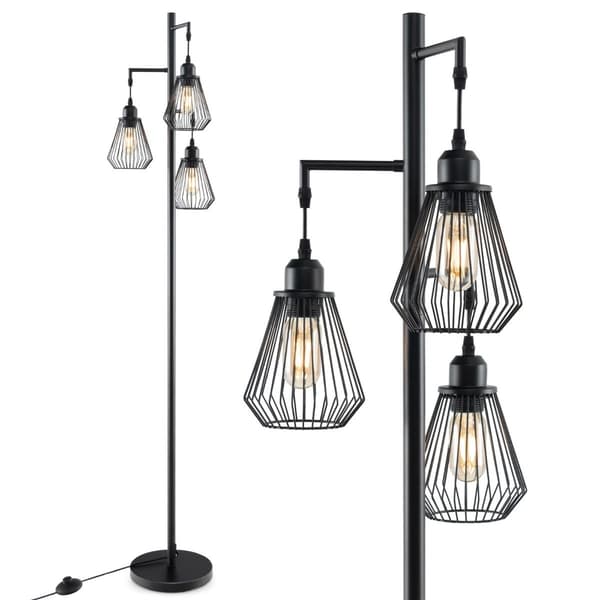 Industriel gulvlampe med 3 burskærme, 169 cm, sort