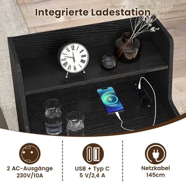 LED-natbord med ladestation, 2 skuffer, sort