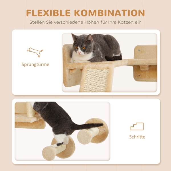 Kattklätterväggsset, 3-delad kattmöbel med skrapbräda, hoppplattor, skrapstolpe, lekboll, för katter upp till 5 kg, sisal, beige