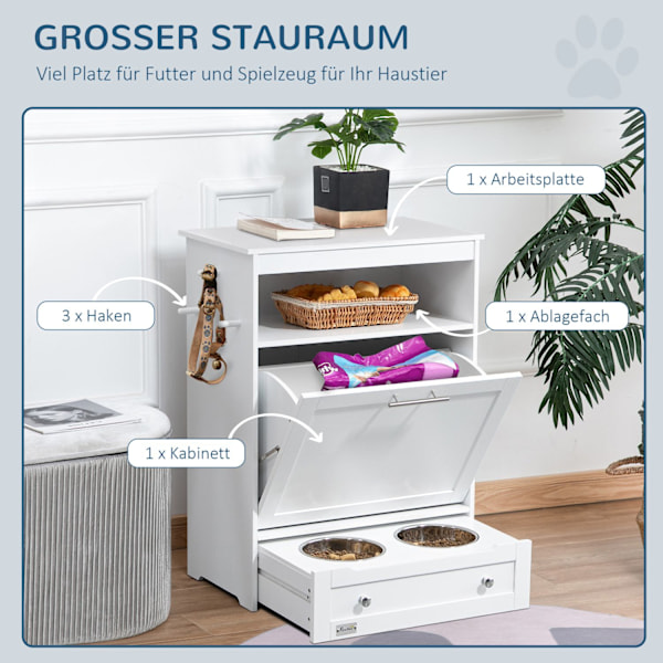 Foderskab til kæledyr med 2 skåle i rustfrit stål, 3 kroge, kæledyrsfoderskab med opbevaringsskab, åbent rum og vippedør, foderstation til hunde, 61 x