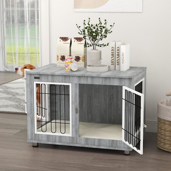 Hundebur, Hundehus, Med Pude, 2 Låse Til Mellemstore Hunde, Hundebur Med Dobbeltdøre, Hundehus, Grå, 90 X 58 X 65 Cm