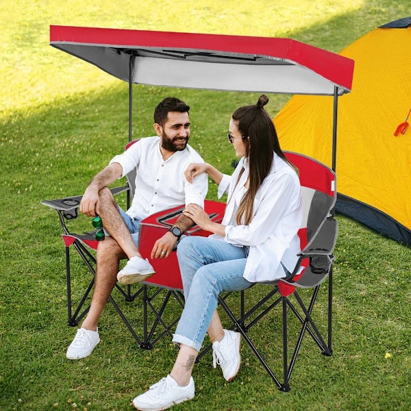 2-paikkainen retkeilytuoli aurinkosuojalla minipöytä kokoontaitettava kalastustuoli kantolaukulla 166 x 71 x 151 cm punainen