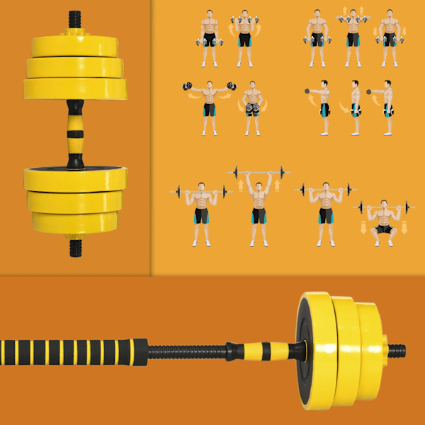 25 kg håndvægtsæt 3-i-1 justerbar ergonomisk med 12 plader 2 korte pinde og 1 lang pind i gul sort til fitness