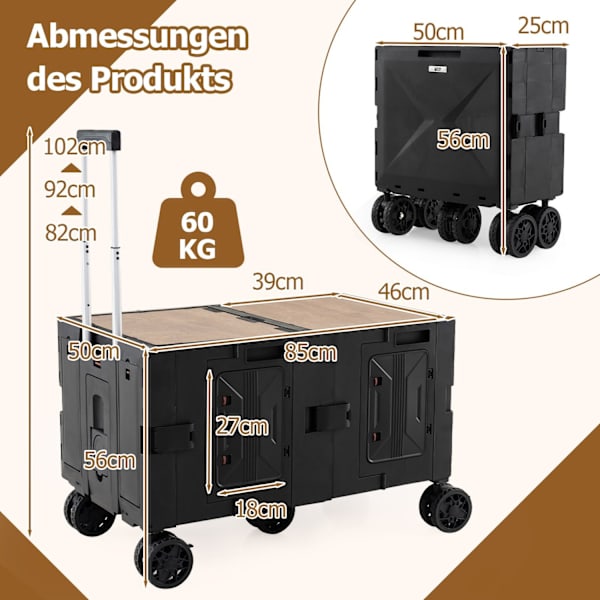 Sammenklappelig vogn med bordplade, justerbart håndtag, sort