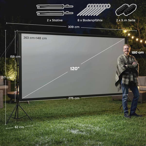 120" projektorlærred, 4K/8K, dobbelt stativ