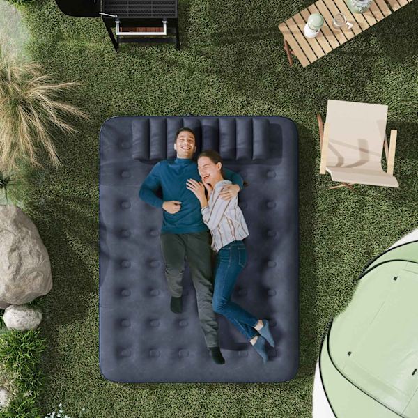 Air Bed Dubbel Luftmadrass Med Handpump & Kudde, Blå, 203X152X22Cm