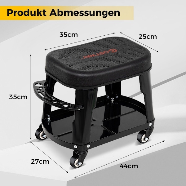Værkstedskammel værkstedsstol med udstyrsbakke og værktøjsholder værkstedsrullestol sort