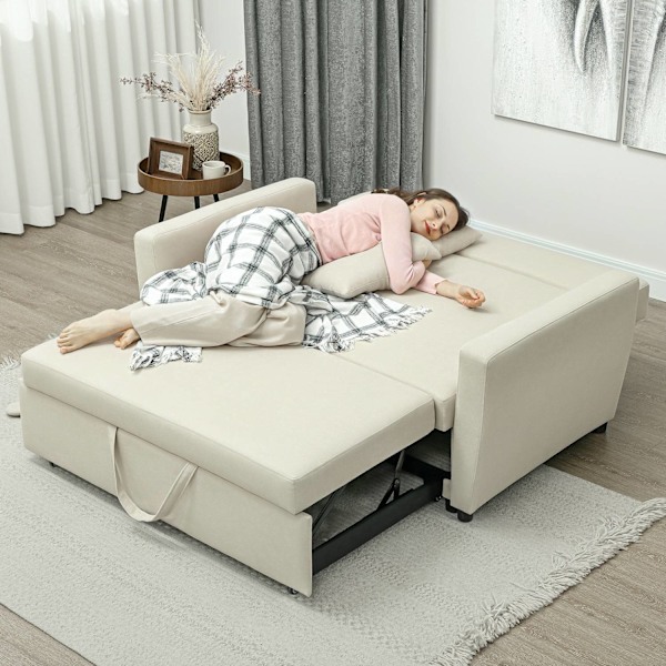 Bäddsoffa, 2-sits soffa med sovfunktion, justerbart ryggstöd, soffa med kuddar, sammetslook, bäddsoffa med bäddbox för vardagsrum, gästrum, beige