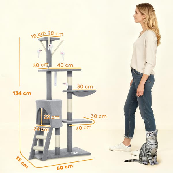 Kradsetræ med hule, sisalstolper, legetøj, til katte <5 kg, grå