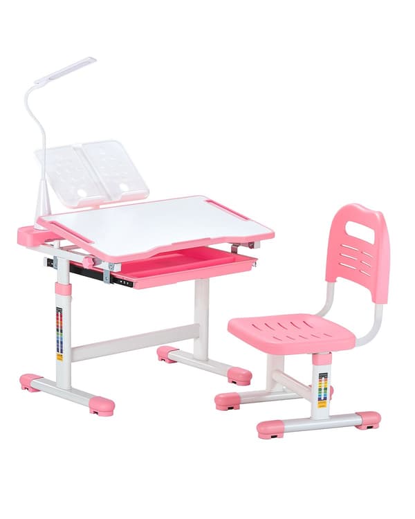 Barnskrivbord och stolsset, höjdjusterbart, lutningsbart bord, rosa