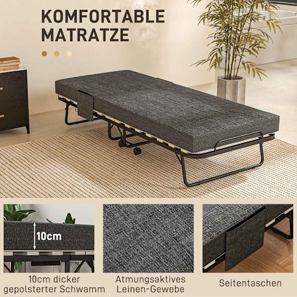 Hopfällbar gästsäng med hjul, 10 cm madrass, överdrag, resesäng med sidficka mörkgrå 190 x 80 x 42 cm