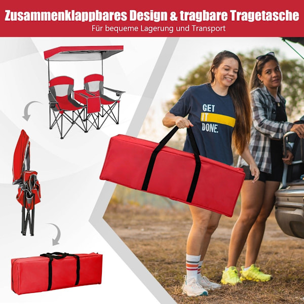 2-personers campingstol med solafskærmning minibord sammenklappelig fiskestol med bæretaske 166 x 71 x 151 cm rød