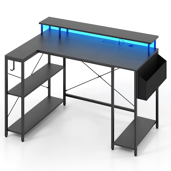 L-formet skrivebord med strømudtag &amp; LED belysning gaming computer skrivebord sort