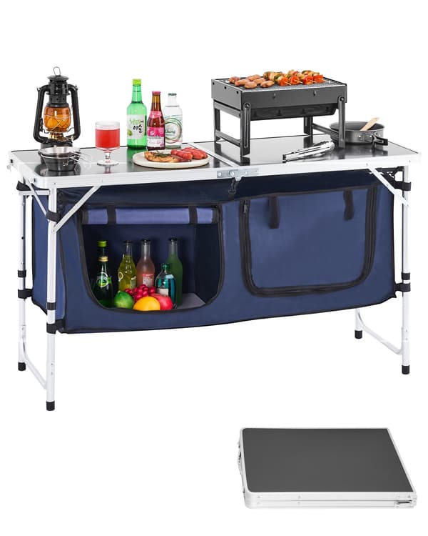 Campingköksbord – Hopfällbart, 3 höjder, förvaring, blått