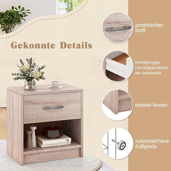 Sengebord med skuffe Lille sidebord med åbent rum 38,5 x 28 x 40,5 cm natur