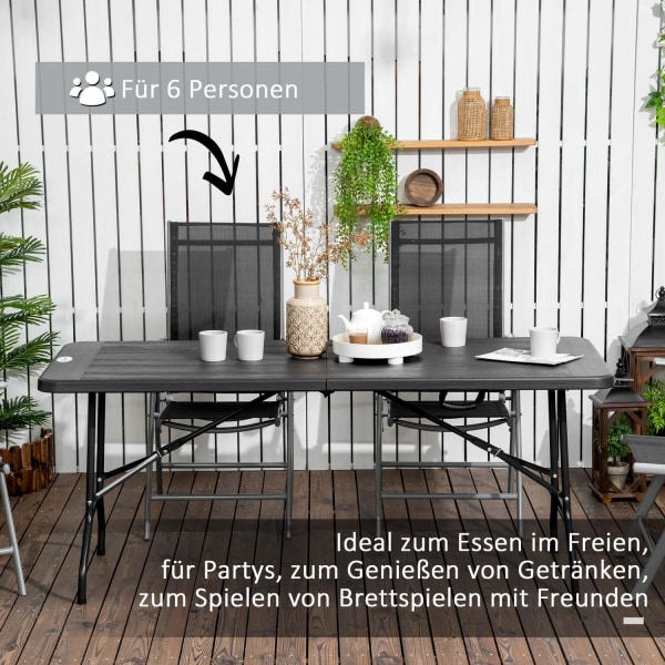 Trädgårdsbord Hopfällbart Bord För 6 Personer, Buffébord Med Stålstomme, Uteplatsbord I Trälook, 180 X 75,5 X 73 Cm, Mörkgrå